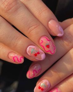 Bright Cute Nails, Light Pink And Red Nails, Fruit Summer Nails, Disney Almond Nails, Funky Pink Nails, Bright Holiday Nails, Girly Nail Designs, Busy Nails, Pink And Red Nail Designs