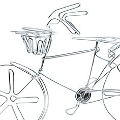 a wire sculpture of a bicycle with baskets attached to the front wheel and spokes