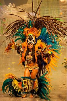 a woman in an elaborate costume with feathers