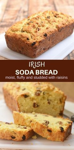 irish soda bread with raisins on top and in the middle, sitting on a white plate