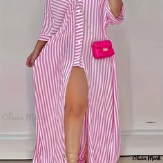 Olivia Mark - Womens Plus Size Stripe Print Casual Dress with Button-Up Design, Half Sleeves, One-Shoulder Style, and Split Hem Loose Striped Shirt, Striped Beach Dress, Long Striped Dress, Beach Dress Summer, Striped Shirt Dress, Maxi Styles, Maxi Shirt Dress, Vintage Maxi Dress, Striped Long Sleeve Shirt