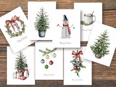 six christmas cards with watercolor snowmen and trees