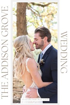 a bride and groom kissing in front of trees