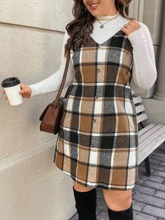 Mocha Brown Casual Collar Sleeveless Fabric Plaid Pinafore Embellished Non-Stretch  Women Plus Clothing Check Dresses For Women Winter, Check Dresses For Women, Black Plaid Outfit, Plaid Dress Outfit, Fall Travel Outfit, Plaid Outfits, Tartan Dress, Check Dress, Fall Travel