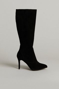 Blending The Tasteful With The Timeless, These Soft Suede Boots Lengthen Legs Thanks To Their Knee-High Silhouette And Mid-Height Spike Heels.. Textured Panels And Almond Toes Bring An Added Dash Of Sophistication. Boots With Midi Dress, Long Boots With Heels, Textured Panels, Black High Heel Boots, Fashion Footwear, Spike Heels, Black Suede Boots, Karen Millen, High Heel Boots