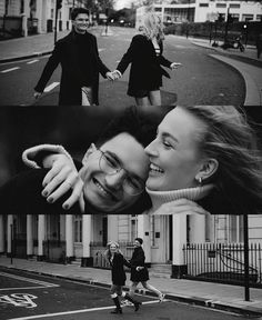 black and white photos of two people walking down the street, one is kissing the other