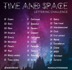 the time and space lettering challenge is shown in front of a night sky filled with stars