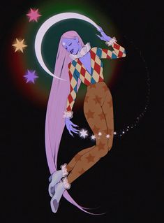 a woman with long pink hair and stars on her body is standing in front of the moon