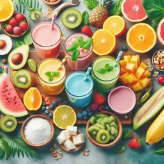 various fruits and vegetables are arranged on a table with smoothies, juices, and nuts