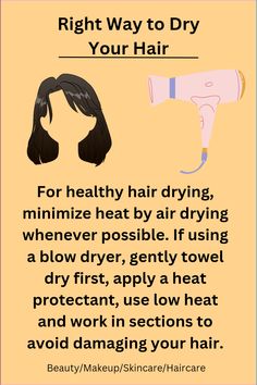 Skip the heat shock! Air dry whenever possible for healthy hair. For blow drying, use a microfiber towel, heat protectant, low heat, and sections. #healthyhairdrying #airdryhair #heatprotectant #haircare How To Maintain Hair, Selfcare Recipes, Futuristic Hair, Coconut Oil Hair Mask Diy, Goals 2024, Home Remedies For Skin, Dry Itchy Scalp, Coconut Oil Hair Mask, Thick Wavy Hair