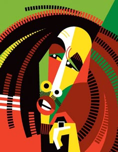 an abstract painting of a woman's face with colorful lines and circles around her