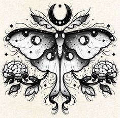 a butterfly with flowers and crescents on it's wings is drawn in black ink