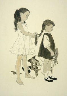 How sweet! braiding hair, playing hair dressers with friends as a kid. Big Sister Little Sister, Mid Century Illustration, Gambar Figur, Sister Love, Art And Illustration, 영감을 주는 캐릭터