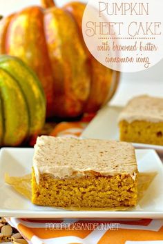 pumpkin sheet cake with browned butter and cinnamon icing on a white square plate