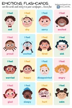 emotions flashcards with different facial expressions