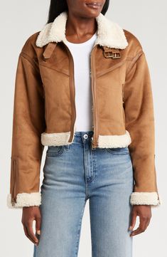 Thread & Supply Faux Shearling Crop Jacket | Nordstrom Shearling Jacket Outfit, Leather Accents, Cropped Jacket, Shearling Jacket, Nordstrom Store, Fabric Gifts, Free Fabric, Crop Jacket, Top Coat