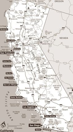 a map of the state of california with major cities and towns on it's borders