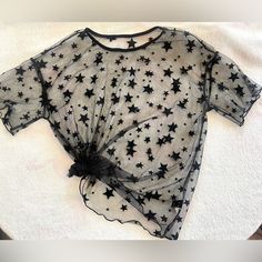 Shein Brand Sheer Black Shirt With Black Velvet Textured Stars In A Size Small. Never Worn, Tags Were Removed And Washed. It Is A Size Small But It’s Generous In Size, I’m A Size Medium And It Fits Me As Well. Thanks For Looking :) Celestial Grunge, Daycare Worker, Moon Oc, Sheer Black Shirt, Black Stars, Shein Tops, Star Shirt, Black Star, Black Velvet