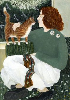 a painting of a woman with a cat on her lap