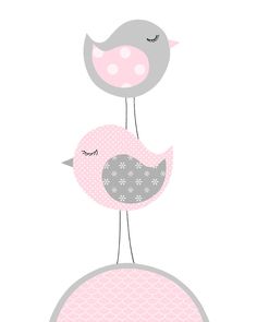 two birds sitting on top of each other in pink and gray colors, one is holding the