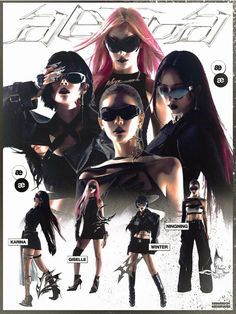 an advertisement with many different women in black outfits and sunglasses on it's side