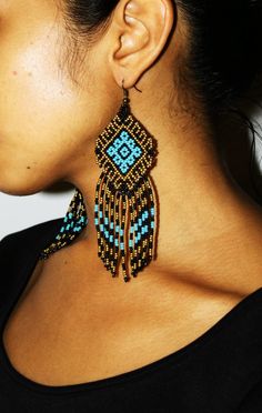 Gold Turquoise Aztec Earrings Aztec by BiuluArtisanBoutique Aztec Jewelry, Aztec Earrings, Jewelry Traditional, Beadwork Earrings, Square Stitch, Aztec Style, Native American Earrings, Beaded Earring, African Earrings