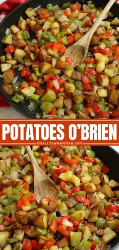 potatoes and other vegetables are being cooked in a skillet