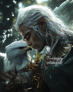 the white haired man is holding an eagle in his hand and kissing it's face