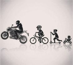 the silhouettes of people riding motorcycles and children on bikes are shown in different positions