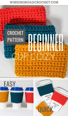 crochet coffee cozyies with text overlay that reads, beginner cup cozyy