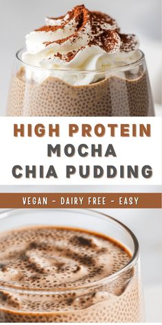 high protein mocha chia pudding in a glass with whipped cream and cinnamon on top