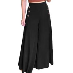 Black Button Elastic High Waist Wide Leg Pants Pirate Shirt Women, Pirate Shirt, Abaya Style, High Waist Wide Leg Pants, Casual Wide Leg Pants, Loose Trousers, Office Holiday, Trouser Pants Women, Decorative Buttons