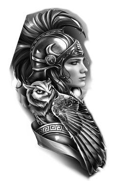 a woman in a helmet with an owl on her shoulder and the other half of her face