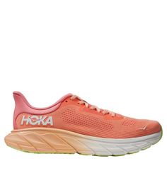 Known for the groundbreaking stability provided by its exclusive J-Frame technology, these cushioned running shoes provide smooth, supportive comfort on walks and runs. Order your regular Hoka Shoe size or we recommend order a half size up from your measured shoe size. Lace-up closures provide improved midfoot lockdown with dual gussets and midfoot ghillies. Synthetic sole for traction and durability. Plush and comfortable tongue. Engineered knit synthetic and textile upper. Engineered breathabl Sporty Orange Running Shoes With Arch Support, Pink Functional Running Shoes With Ortholite Insole, Functional Pink Running Shoes With Ortholite Insole, Orange Sneakers With Ortholite Insole For Errands, Sporty Orange Running Shoes With Ortholite Insole, Coral Shoes, Frame Technology, Cushioned Running Shoes, Hoka Shoes