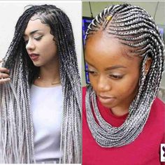 Silver Cornrows Braids, Grey Braiding Hair, Grey Ombre Box Braids, Braid Styles For Gray Hair, Braids For Gray Hair, Gray And Black Braids