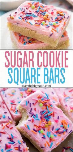 sugar cookie square bars with pink frosting and sprinkles on top are shown