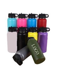 thermos bottles are lined up in different colors and sizes, including one for each person