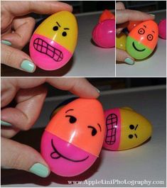 three pictures of different faces painted on small plastic balls, one with eyes and the other with mouth open