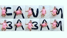 multiple pictures of a baby in pink laying on its back with the letters c and m spelled out