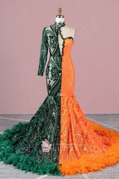 whimsical dark green and orange sequin feather prom dress Unique Prom Themes, Mermaid Sequin Dress, Forest Green Wedding, Feather Prom Dress, Custom Made Prom Dress, Prom Themes, Green Wedding Dresses, Dress Train, Ombre Dress