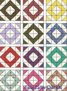 a quilt pattern with different colors and designs on it, including the squares in each square