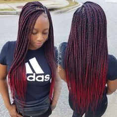 Schedule Appointment with Braids by Brandis Colourful Braids, Unique Braided Hairstyles, Red Box Braids, Ombre Box Braids, Black To Red Ombre, Black Box Braids, Ombre Braid, Goddess Braids Hairstyles, Box Braids Styling