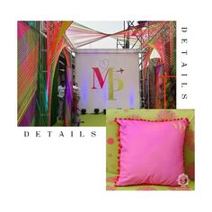 a pink pillow sitting on top of a bed next to a white sign that reads m p details