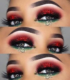 Christmas Eye Makeup Looks, Christmas Makeup Looks Hooded Eyes, Eyeshadow Looks For Christmas, Glam Christmas Makeup Looks, Christmas Inspired Eye Makeup, Pretty Elf Makeup, Christmas Elf Makeup Ideas, Xmas Eye Makeup, Xmas Eyeshadow Looks