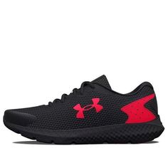 the under armour shoes are black and red