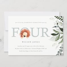 a card with the words four on it and an image of a lion's head