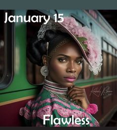 a woman in a pink and green dress standing next to a train with the words fearless written on it