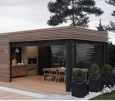 an outdoor kitchen and dining area is shown in this rendering, with wood slats on the roof