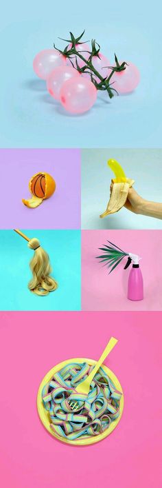 four different images with various objects in them, one is yellow and the other has pink