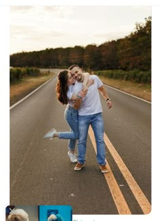 two people are walking down the road with their arms around each other and one person is hugging